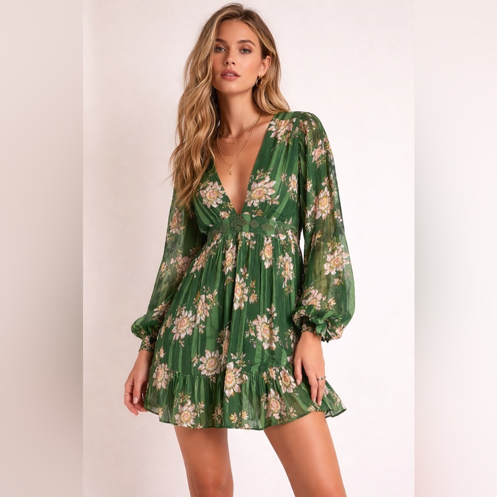 🌺 Free People New Romantics Green Floral Mini Dress